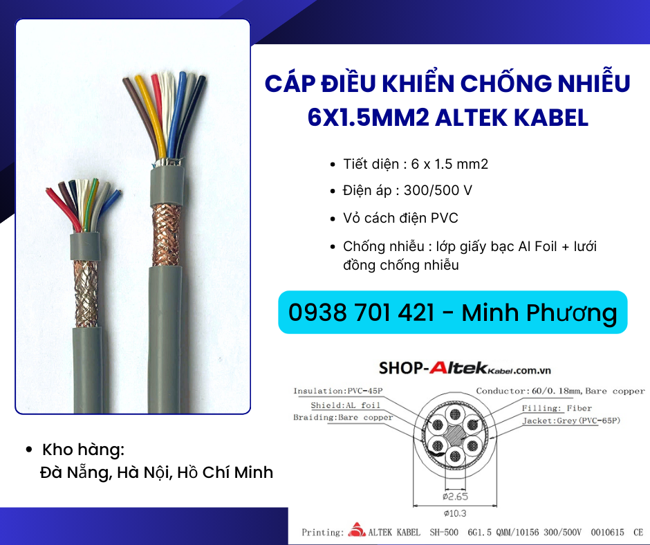 Cáp điều khiển có lớp chống nhiễu 6x1.5mm2 Altek Kabel Phú Yên, Gia Lai, Huế
